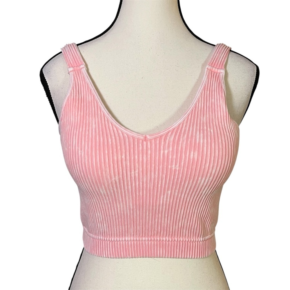 Zenana Outfitters Washed Ribbed Cropped Seamless Bra Pink Padded Tank Top L/XL